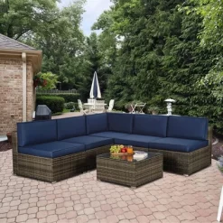 3pc Outdoor Rattan Wicker Conversation Set With Accent Table & Sectional - Brown/Blue - GODEER