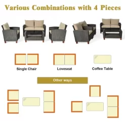 Costway 4PCS Patio Rattan Furniture Set Solid Wood Leg Cushioned Sofa Garden Lawn -Outdoor Furniture Store GUEST 748da307 2498 423c a40b f16c30702aa9