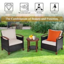 Costway 3PCS Patio Wicker Sofa Set Acacia Wood Frame With Beige &Turquoise Cushion Covers -Outdoor Furniture Store GUEST 75ef32c4 536e 4ed2 adb4 636113669b09