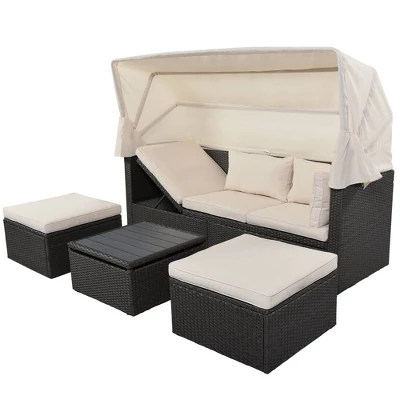 4pc Outdoor Wicker Rectangle Daybed With Canopy & Cushions - Beige - GODEER 4 4pc Outdoor Wicker Rectangle Daybed With Canopy & Cushions - Beige - GODEER - Image 2