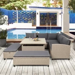 6pc Wicker Patio Set With Benches - Brown/Gray - GODEER -Outdoor Furniture Store GUEST 77d42287 e45f 44b8 8f32 a9766635f5f1