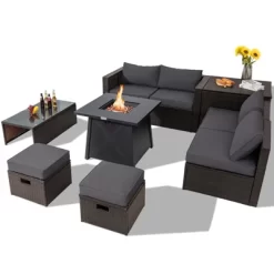 Tangkula 9PCS Outdoor Patio Furniture Set With 30" Propane Fire Pit Table PE Wicker Space-Saving Sectional Sofa Set W/ Storage Box & Cushions -Outdoor Furniture Store GUEST 77f1c9ad a4d5 4201 9709 d012efe6db5d
