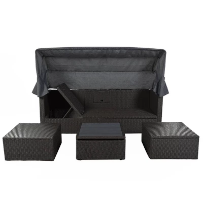 4pc Outdoor Wicker Rectangle Daybed With Canopy & Cushions - Gray - GODEER 6 4pc Outdoor Wicker Rectangle Daybed With Canopy & Cushions - Gray - GODEER - Image 4