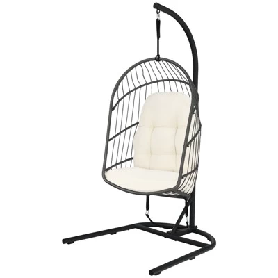 Tangkula Modern Rattan Hanging Egg Swing Chair W/Stand Foldable Cushioned Hammock Gray/Beige 11 Tangkula Modern Rattan Hanging Egg Swing Chair W/Stand Foldable Cushioned Hammock Gray/Beige - Image 9