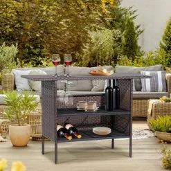 Costway Patio Rattan Wicker Bar Height Counter Table Storage Shelf Rail Garden
