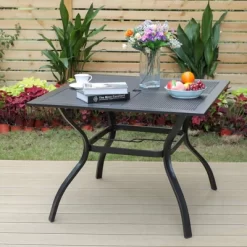 5pc Patio Dining Set With Rattan Arm Chairs & Square Net-Shaped Steel Table - Captiva Designs