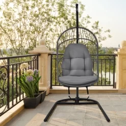Costway Hanging Wicker Egg Chair W/ Stand Cushion Foldable Outdoor Indoor