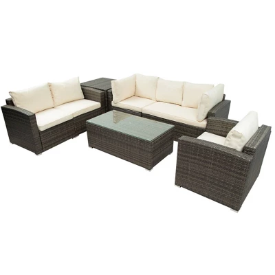 7pc Wicker Patio Seating Set With Cushions & Storage Box - Gray/Beige - GODEER 5 7pc Wicker Patio Seating Set With Cushions & Storage Box - Gray/Beige - GODEER - Image 3