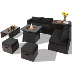 Tangkula 9PCS Outdoor Patio Furniture Set With 30" Propane Fire Pit Table PE Wicker Space-Saving Sectional Sofa Set W/ Storage Box & Cushions -Outdoor Furniture Store GUEST 7afd4ac9 419a 4ce2 ba1c 9ee5d0ddeed7