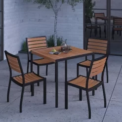 Merrick Lane 5 Piece Patio Table And Chairs Set Faux Teak Wood And Metal Indoor/Outdoor Table And Chairs With All-Weather Purpose -Outdoor Furniture Store GUEST 7b0f4f69 e047 4d80 b083 9ec86a7873f1