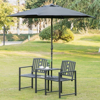 Outsunny Metal Garden Bench With Middle Table And Umbrella Hole, 2-in-1 Double Patio Chairs, Outdoor 2-person Tete-a-Tete, Slatted, Black 3 Outsunny Metal Garden Bench With Middle Table And Umbrella Hole, 2-in-1 Double Patio Chairs, Outdoor 2-person Tete-a-Tete, Slatted, Black