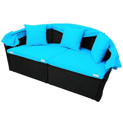 6pc Wicker Round Outdoor Sectional Set With Cushions - Black/Blue - GODEER 8 6pc Wicker Round Outdoor Sectional Set With Cushions - Black/Blue - GODEER - Image 6