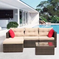 5pc Wicker Patio Sectional Seating Set With Shallow Cushions - Brown - GODEER -Outdoor Furniture Store GUEST 7be5e328 e1ef 46f4 8863 bb92692cb4e7