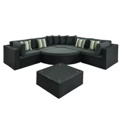 7pc Wicker Patio Seating Set With Cushions & Striped Pillows - Gray - GODEER -Outdoor Furniture Store GUEST 7bf1011f 0f17 4cdc a973 0baec8ca34e8