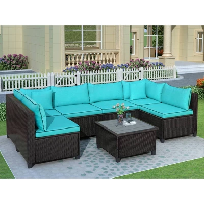 7pc Wicker Outdoor Sectional Seating Set With Cushions - Dark Brown/Blue - GODEER 3 7pc Wicker Outdoor Sectional Seating Set With Cushions - Dark Brown/Blue - GODEER