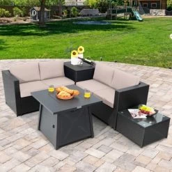 Tangkula 5PCS Outdoor Patio Furniture Set With 50,000 BTU Propane Fire Pit Table Patio Conversation Set W/ Cushions, Storage Box, Coffee Table Beige