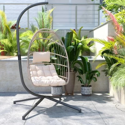 Merrick Lane Riley Foldable Woven Hanging Egg Chair With Removable Cushion And Stand For Indoor And Outdoor Use 3 Merrick Lane Riley Foldable Woven Hanging Egg Chair With Removable Cushion And Stand For Indoor And Outdoor Use