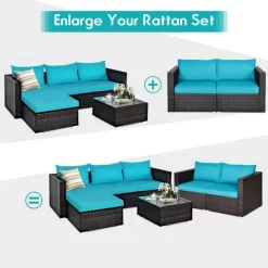 Costway 4PCS Patio Rattan Corner Sofa With Blue Cushion -Outdoor Furniture Store GUEST 80344ea7 3a66 4f76 a92f 3cd805dce95a