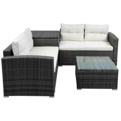 4pc Wicker Patio Set With Large Storage Box & Cushions - Gray/Beige - GODEER -Outdoor Furniture Store GUEST 8254a76c 6e44 49d8 b7b8 d3dded25e57b