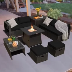 Costway 9PCS Patio Rattan Furniture Set Fire Pit Space-saving W/ Cushion Cover -Outdoor Furniture Store GUEST 827d770d 7936 4620 83f6 80091a592b35