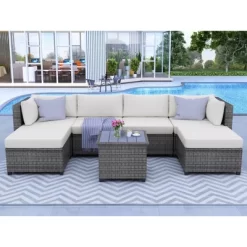 7pc Outdoor Wicker Seating Set With Cushions - Beige - GODEER 13 7pc Outdoor Wicker Seating Set With Cushions - Beige - GODEER -Outdoor Furniture Store GUEST 83473c1f 5f62 418d 9d4c 531c8b3c5d43