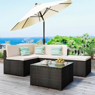 5pc Wicker Patio Conversation Set With Cushions - Black/Beige - GODEER 4 5pc Wicker Patio Conversation Set With Cushions - Black/Beige - GODEER - Image 2