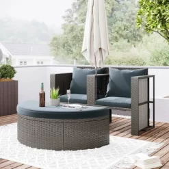 2pc Outdoor Wicker Conversation Sectional Set With Cushions & Half-Moon Side Table For Umbrella - Gray - GODEER