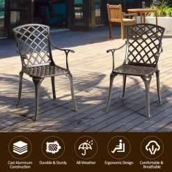 Costway Outdoor Cast Aluminum Arm Dining Chairs Set Of 2 Patio Bistro Chairs, Brown -Outdoor Furniture Store GUEST 863915e9 944c 4bdc b7ad e923e2db896e