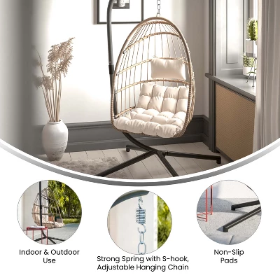 Merrick Lane Riley Foldable Woven Hanging Egg Chair With Removable Cushion And Stand For Indoor And Outdoor Use 11 Merrick Lane Riley Foldable Woven Hanging Egg Chair With Removable Cushion And Stand For Indoor And Outdoor Use - Image 9