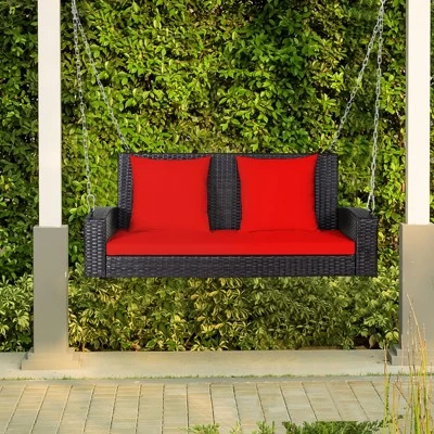 Tangkula Outdoor Wicker Porch Swing Bench 2-Person Patio Rattan Swing Chair W/ Soft Cushions White/Turquoise/Red/Black 4 Tangkula Outdoor Wicker Porch Swing Bench 2-Person Patio Rattan Swing Chair W/ Soft Cushions White/Turquoise/Red/Black - Image 2