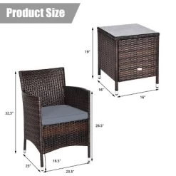 Tangkula 3-Piece Patio Wicker Rattan Furniture Set Conversation Sofa Set W/Coffee Table Grey