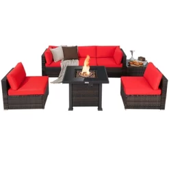 Tangkula Patio Rattan 7PCS Cushioned Chair Set Furniture Set Thick Cushion W/ 50,000 BTU Propane Fire Pit Table For Garden Black/Navy/Red/Turquoise/Off White -Outdoor Furniture Store GUEST 8809d78c 8351 4185 bded 950e58476cd3