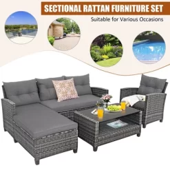 Costway 4PCS Patio Rattan Furniture Set Cushioned Loveseat Table Shelf Gray -Outdoor Furniture Store GUEST 890196f5 eee1 4aa1 ba0e ea18970995c7