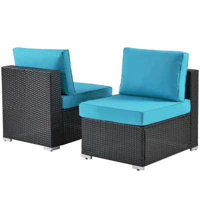 5pc Wicker Patio Sectional Seating Set With Cushions - Espresso/Blue - GODEER 11 5pc Wicker Patio Sectional Seating Set With Cushions - Espresso/Blue - GODEER - Image 9