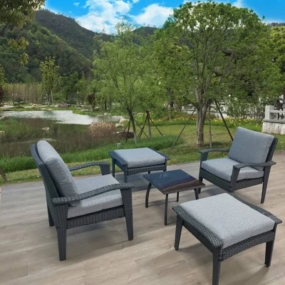 5pc Outdoor Wicker Conversation Set With Arm Chairs, Accent Table & Ottomans - Gray - GODEER 3 5pc Outdoor Wicker Conversation Set With Arm Chairs, Accent Table & Ottomans - Gray - GODEER
