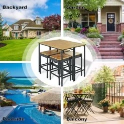 5-Piece Outdoor Patio Wicker Bar Set With Foldable Acacia Wood Top With 4 Stools And 1 Table,Brown - ModernLuxe -Outdoor Furniture Store GUEST 8bdbc3f1 6058 4034 853d 711e080e4c12