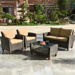 Costway 4PCS Patio Rattan Furniture Set Solid Wood Leg Cushioned Sofa Garden Lawn -Outdoor Furniture Store GUEST 8c8869aa 7280 4820 85dc 75953b302a74