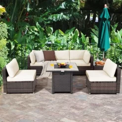 Costway 7PCS Patio Rattan Furniture Set 30'' Fire Pit Table Cover Cushion Sofa Off WhiteBlackNavyRedTurquoise -Outdoor Furniture Store GUEST 8fe7f372 2d79 4c2d 8eb6 22ac37f91259