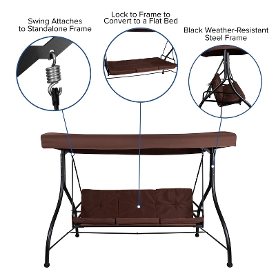 Emma And Oliver 3-Seat Outdoor Steel Converting Patio Swing And Bed Canopy Hammock In Brown 7 Emma And Oliver 3-Seat Outdoor Steel Converting Patio Swing And Bed Canopy Hammock In Brown - Image 5