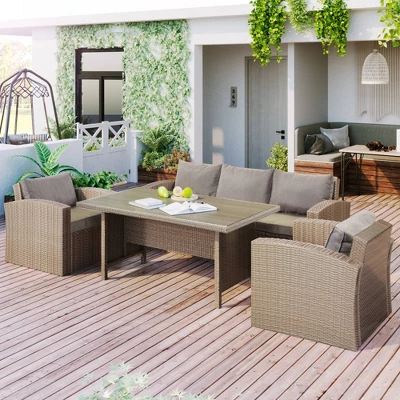 4pc Outdoor Wicker Conversation Set With Cushions - Gray - GODEER 3 4pc Outdoor Wicker Conversation Set With Cushions - Gray - GODEER