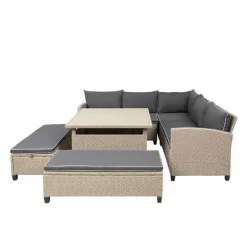 6pc Wicker Patio Set With Benches - Brown/Gray - GODEER -Outdoor Furniture Store GUEST 91dfd48b f79c 40eb 8546 77c6b7e2a5ad
