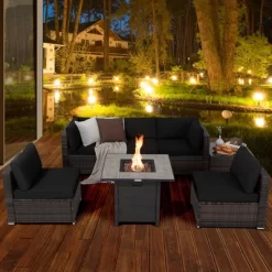 Costway 7PCS Patio Rattan Furniture Set 30'' Fire Pit Table Cover Cushion Sofa Off WhiteBlackNavyRedTurquoise