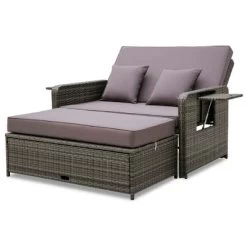 Costway Patio Rattan Daybed Set Wicker Loveseat Sofa With Ottoman & Retractable Side Tray -Outdoor Furniture Store GUEST 9253f95e 3bcd 4335 b3c1 37c299f993b0