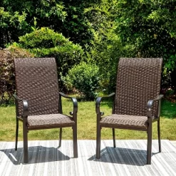 5pc Patio Dining Set With Rattan Arm Chairs & Round Steel Table - Captiva Designs