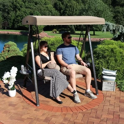 Sunnydaze Decor Sunnydaze 2-Person Outdoor Patio Swing With Adjustable Canopy Shade, Cushions And Pillow, Beige 8 Sunnydaze Decor Sunnydaze 2-Person Outdoor Patio Swing With Adjustable Canopy Shade, Cushions And Pillow, Beige - Image 6