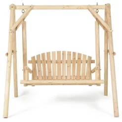 Costway A-Frame Wooden Porch Swing Outdoor Garden Rural Torched Log Curved Back Bench -Outdoor Furniture Store GUEST 943307c2 bdba 42e8 b42e 5dd800a86f23