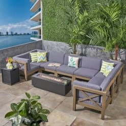 Thasos 10pc Acacia U-Shaped Farmhouse Sectional Sofa Set With Fire Pit - Gray - Christopher Knight Home -Outdoor Furniture Store GUEST 946ae1e4 be2d 4ee6 996d e52f97d86b38