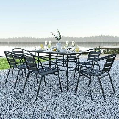 Emma And Oliver 7 Piece Patio Table & Chairs Set With 31.5"x55" Rectangular Metal Table With Tempered Glass Top And 6 Black Aluminum Stacking Chairs 3 Emma And Oliver 7 Piece Patio Table & Chairs Set With 31.5"x55" Rectangular Metal Table With Tempered Glass Top And 6 Black Aluminum Stacking Chairs