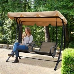 Outsunny 2-Person Porch Swing, Outdoor Patio Swing Bench With Adjustable Tilt Canopy, Cup Holder And Storage Tray, Steel Frame, Brown -Outdoor Furniture Store GUEST 953f47aa 101c 4b76 9f3c 1fbf1877c9c5