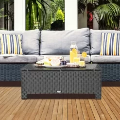 OUTSUNNY Ousunny Patio Furniture, Wicker Coffee Table, Hand-Woven PE Rattan Side Table With A Tempered Glass Top, 33.5" X 19.75", Black 8 OUTSUNNY Ousunny Patio Furniture, Wicker Coffee Table, Hand-Woven PE Rattan Side Table With A Tempered Glass Top, 33.5" X 19.75", Black -Outdoor Furniture Store GUEST 95556cbc 0d07 4f0c 8c51 ec3a24b9842f